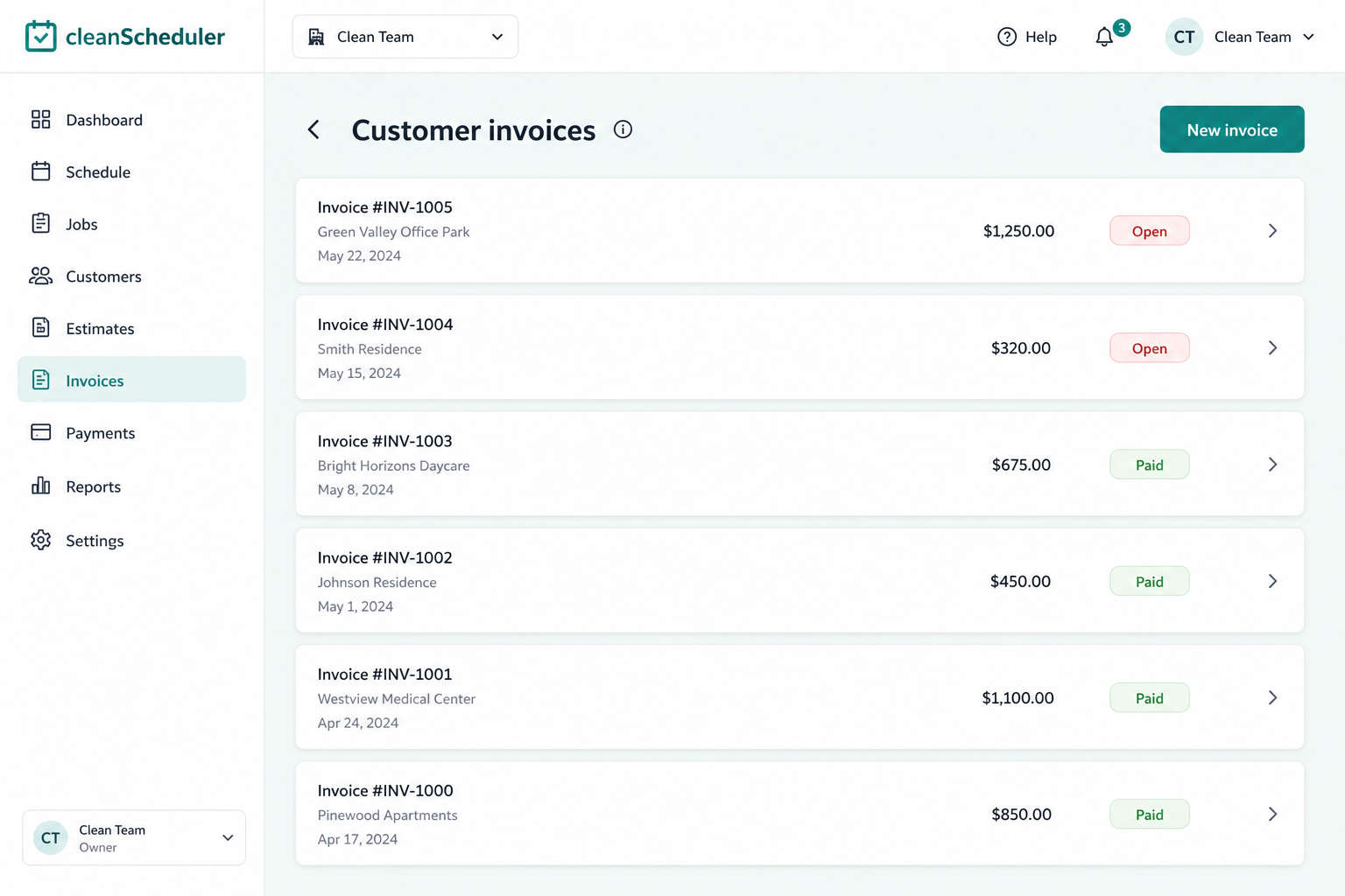 Clean Scheduler invoice list with payment status and amounts due