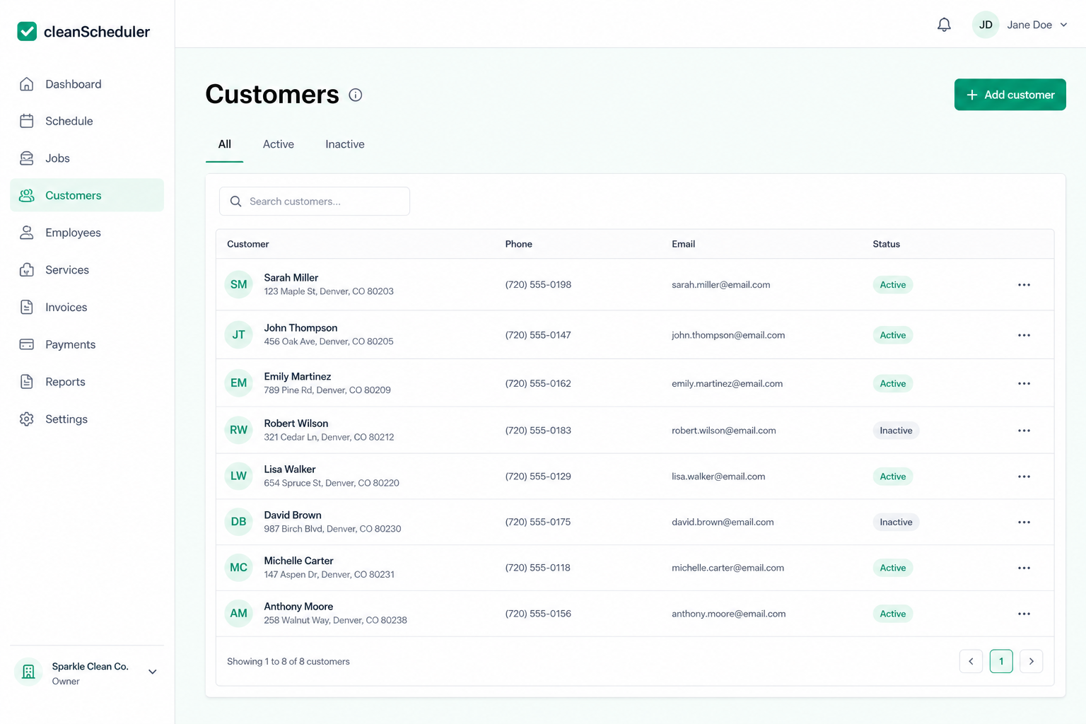 Clean Scheduler customer directory with residential and commercial accounts
