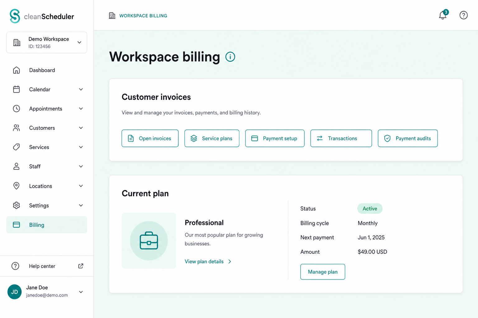 Clean Scheduler workspace billing hub showing customer AR tools