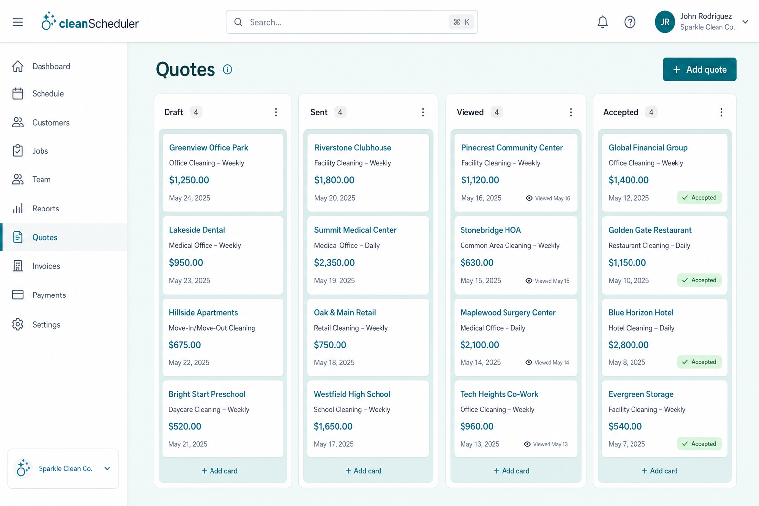 Clean Scheduler quotes pipeline with estimate cards by status